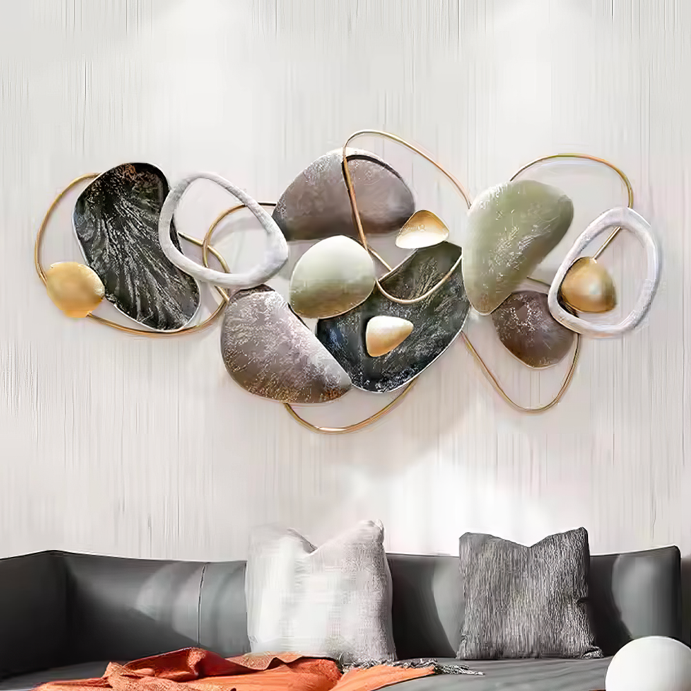 Decoratiune Metalica de Perete LuxCanva® Stone Harmony A2028, din Metal, Orizontal, Negru, Gri, Alb, Auriu, Dimensiune Mare 135 x 64 cm