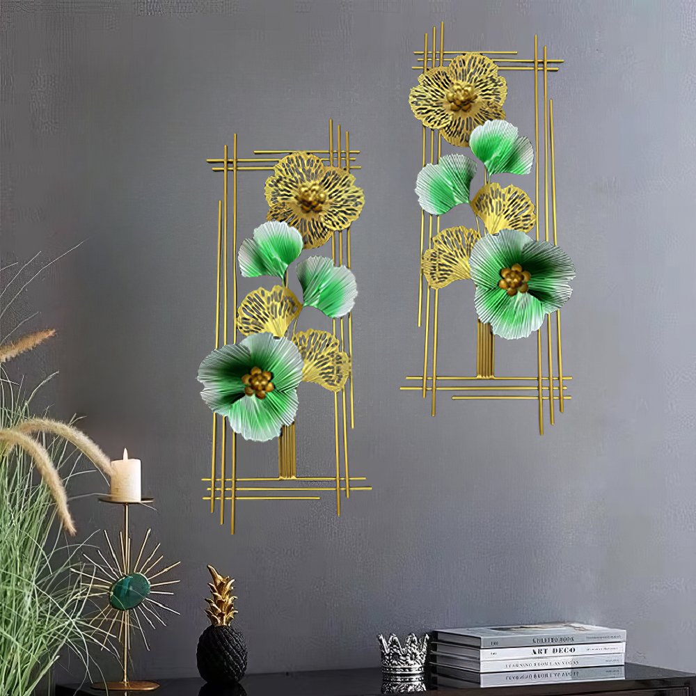 Decoratiune Metalica de Perete LuxCanva® Emerald Bloom A2001, din Metal, Verticala, Auriu, Verde, Dimensiune Mare 85 × 31 cm