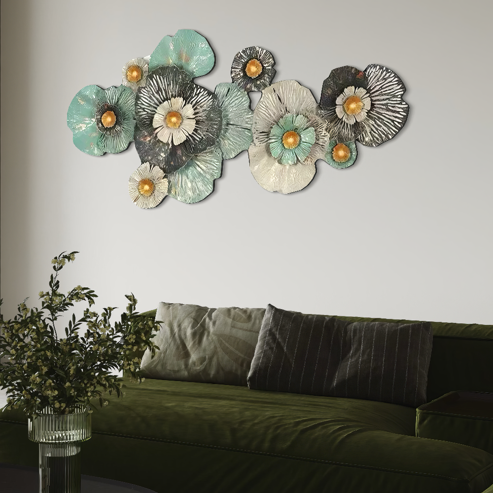 Decoratiune Metalica de Perete LuxCanva® FloraHarmony A0662, din Metal, Orizontala, Auriu, Alb, Negru, Verde, Dimensiune Mare 159 × 74 x 11 cm