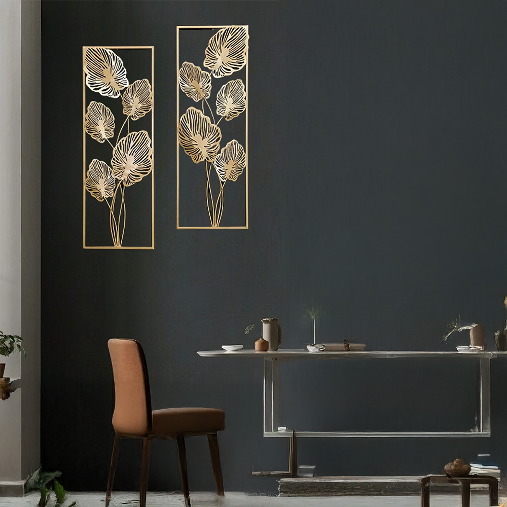 Decoratiune Metalica de Perete LuxCanva® Golden Leafs Contour A2923L, din Metal, Verticala, Auriu, Dimensiune Mare 30 × 85 × 3.5 cm
