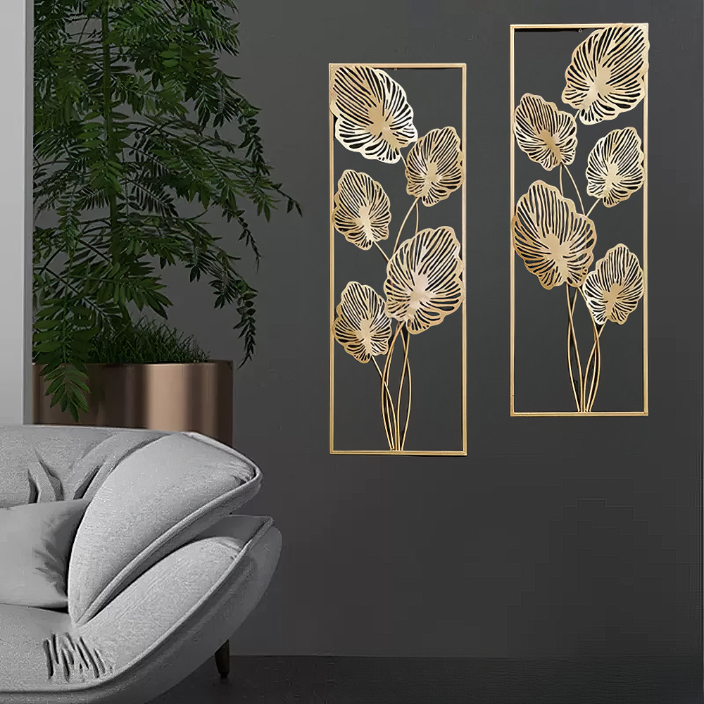 Set 2 Decoratiuni Metalice de Perete LuxCanva® Eden Leaf Frame A2002, din Metal, Verticale, Auriu, Dimensiune Mare 31 × 85 x 3.5 cm