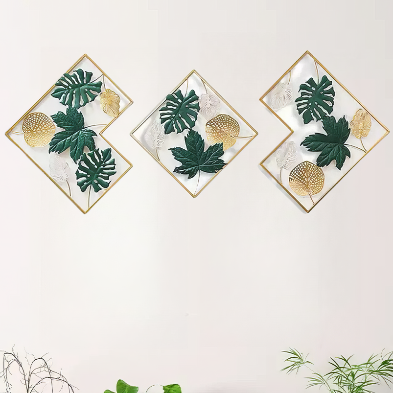 Set 3 Decoratiuni Metalice de Perete LuxCanva® GreenEssence A2307, din Metal, Orizontala, Auriu, Verde, Dimensiune Totala 170 x 71 x 3 cm