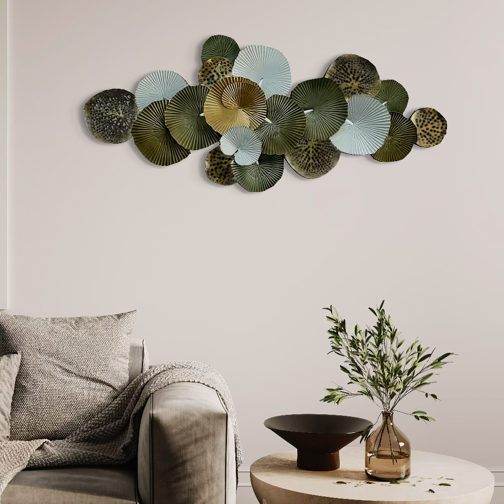 Decoratiune Metalica de Perete LuxCanva® Green Serenity A2508, din Metal, Orizontala, Verde Salvie, Auriu, Dimensiune Mare 165 x 77 cm