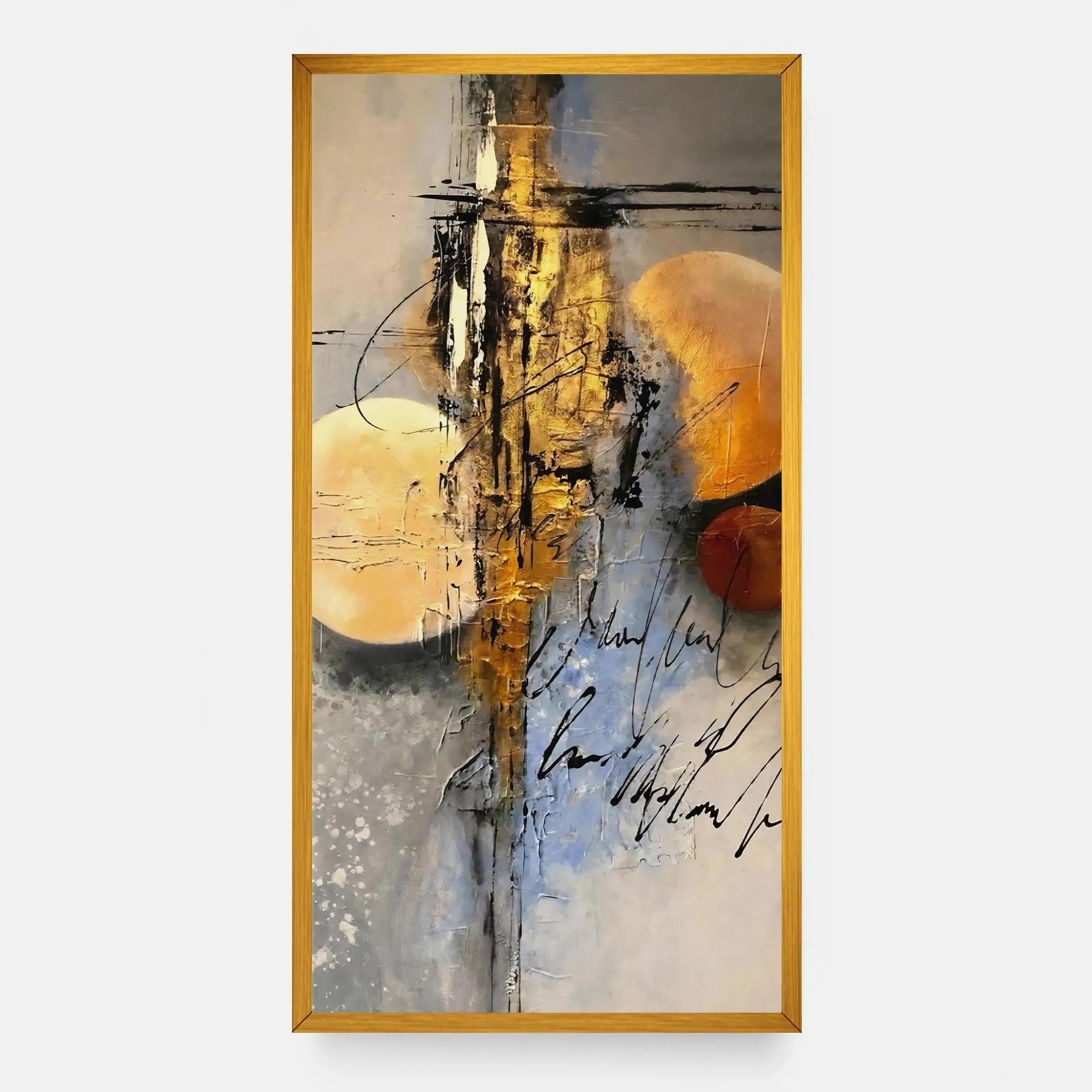 Pictura abstracta cu cercuri aurii si negre, tablou canvas pentru perete