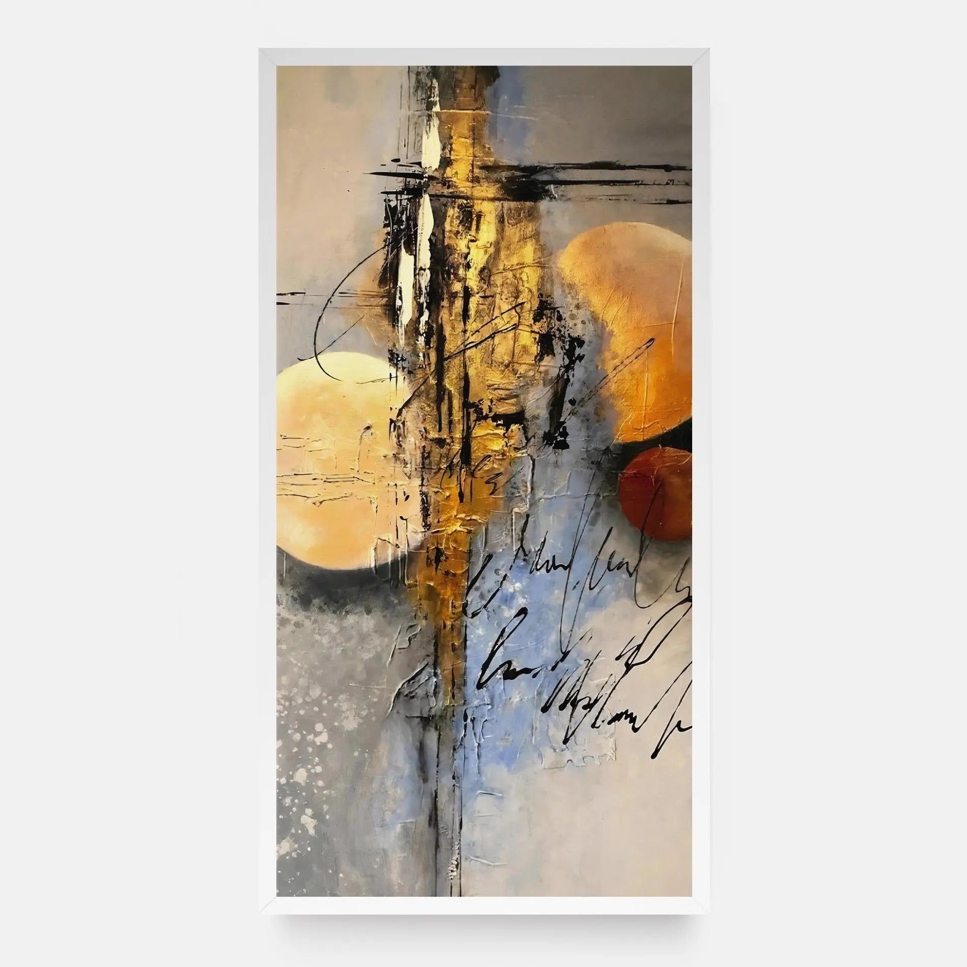 Imagine cu pictura abstracta cu cercuri aurii si negre, tiparita pe panza canvas
