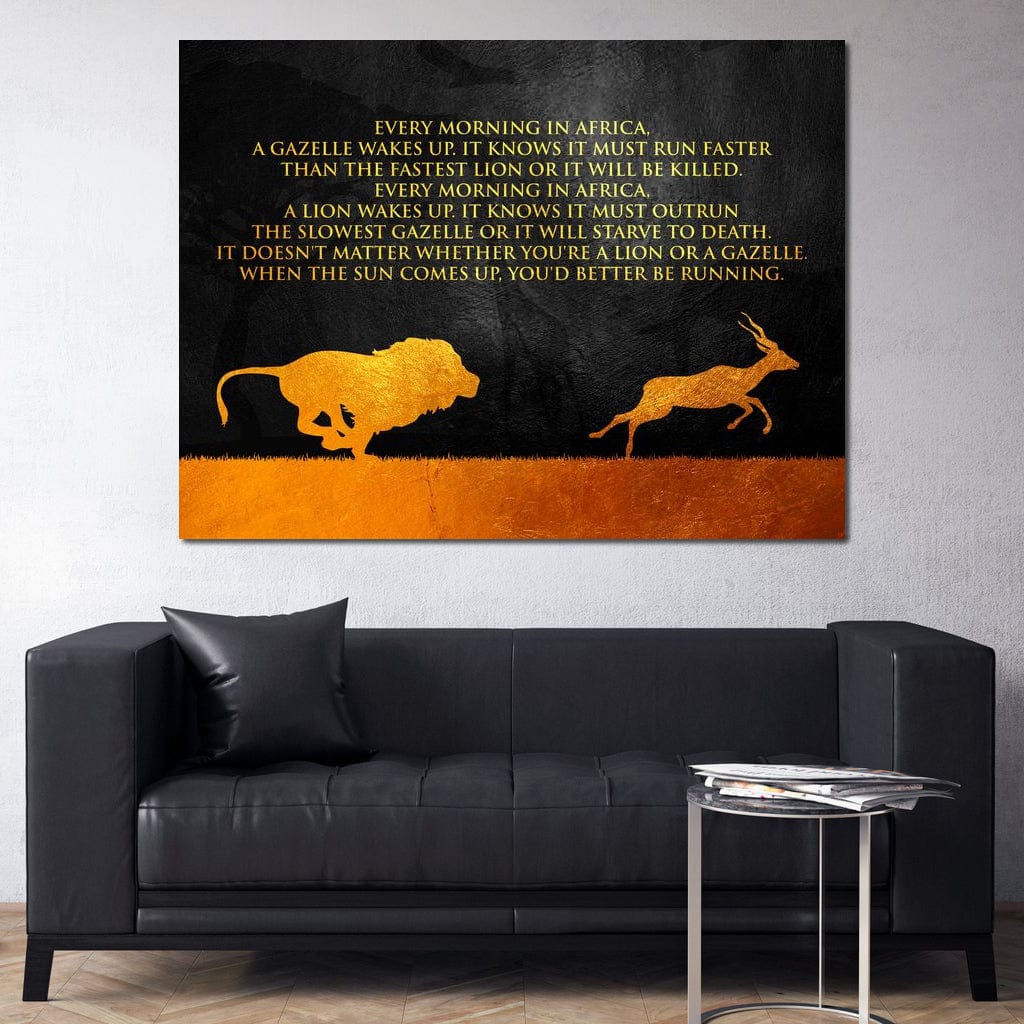 Tablou Canvas Premium LuxCanva® F1009, Instinctul Supravietuirii , Competitie, Viteza, Rezistenta, Lupta, Leu, Gazela, Living, Birou, Culori vibrante