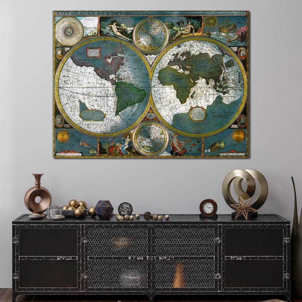 tablou canvas cu harta veche a lumii in stil cartografic