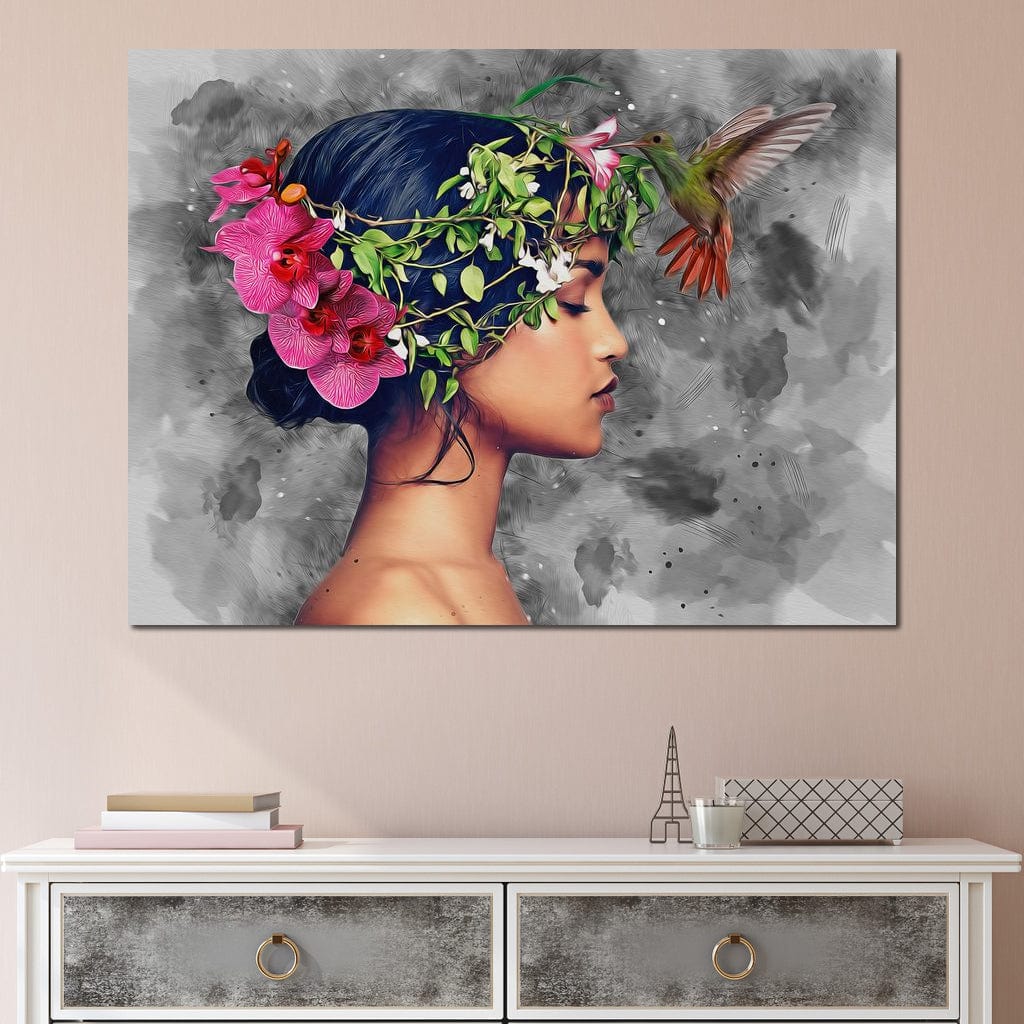 Tablou Canvas Premium, LuxCanva® G1107, Fata si Pasarea Colibri, Natura, Pasare, Flori, Aripi, Poetic, Frumusete, Feminitate, Zbor, Living, Dormitor