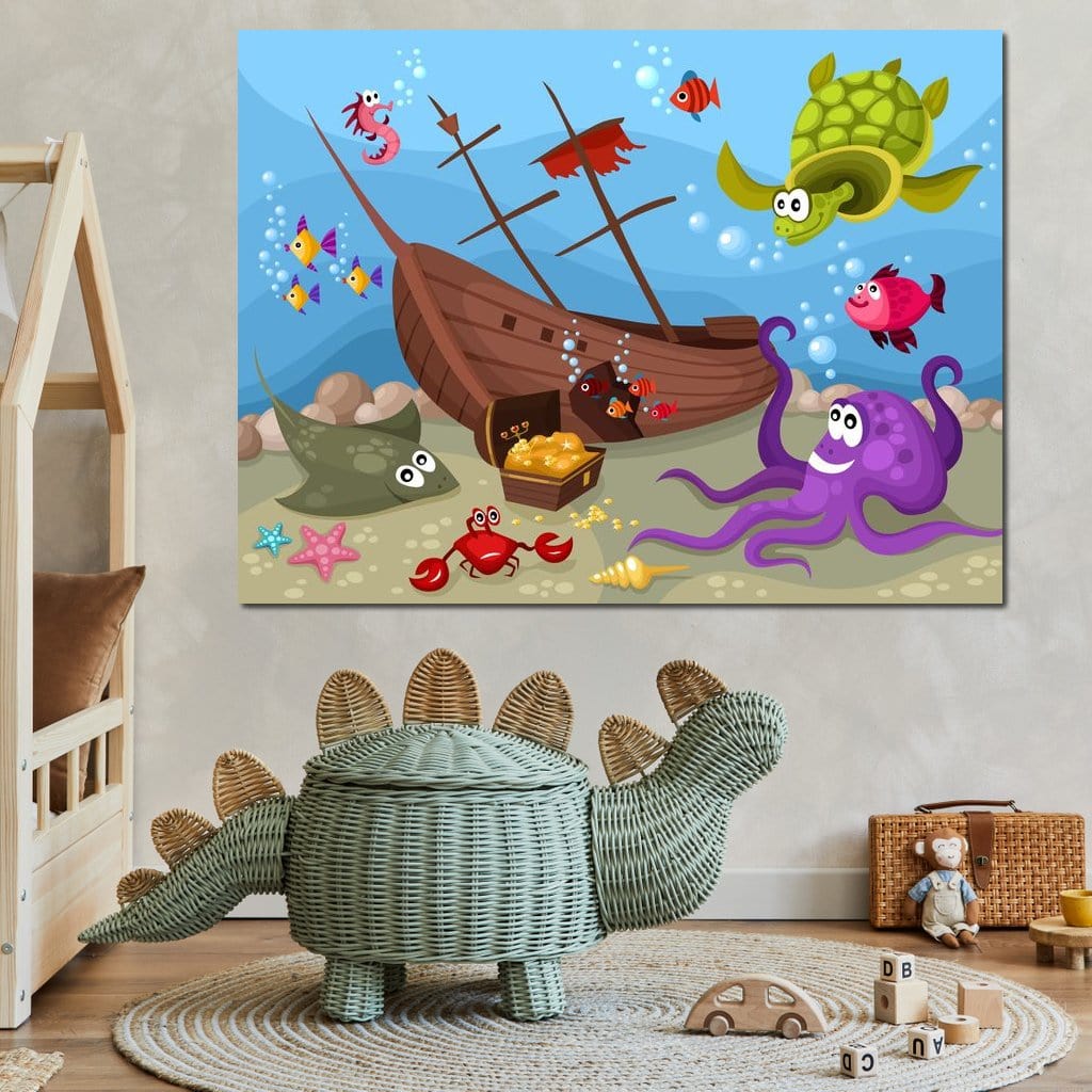 Tablou Canvas Premium, LuxCanva® K1023, Prietenii Marii, Comoara, Adancuri, Aventuri, Mare, Epava, Gradinita, Fermecata, Oceanic, Cresa, Corabie, Pesti, Crabi, Caracatita, Camera Copii