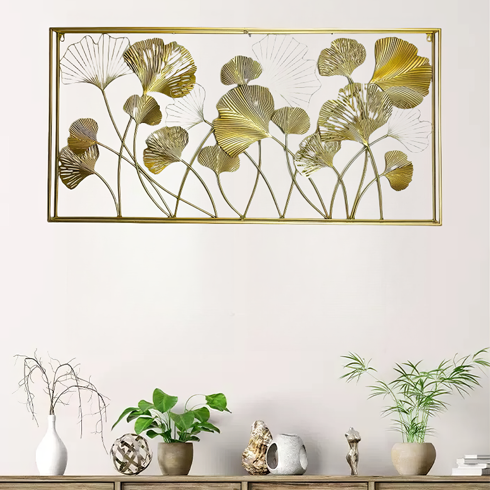Tablou canvas cu decoratiune metalica cu frunze aurii