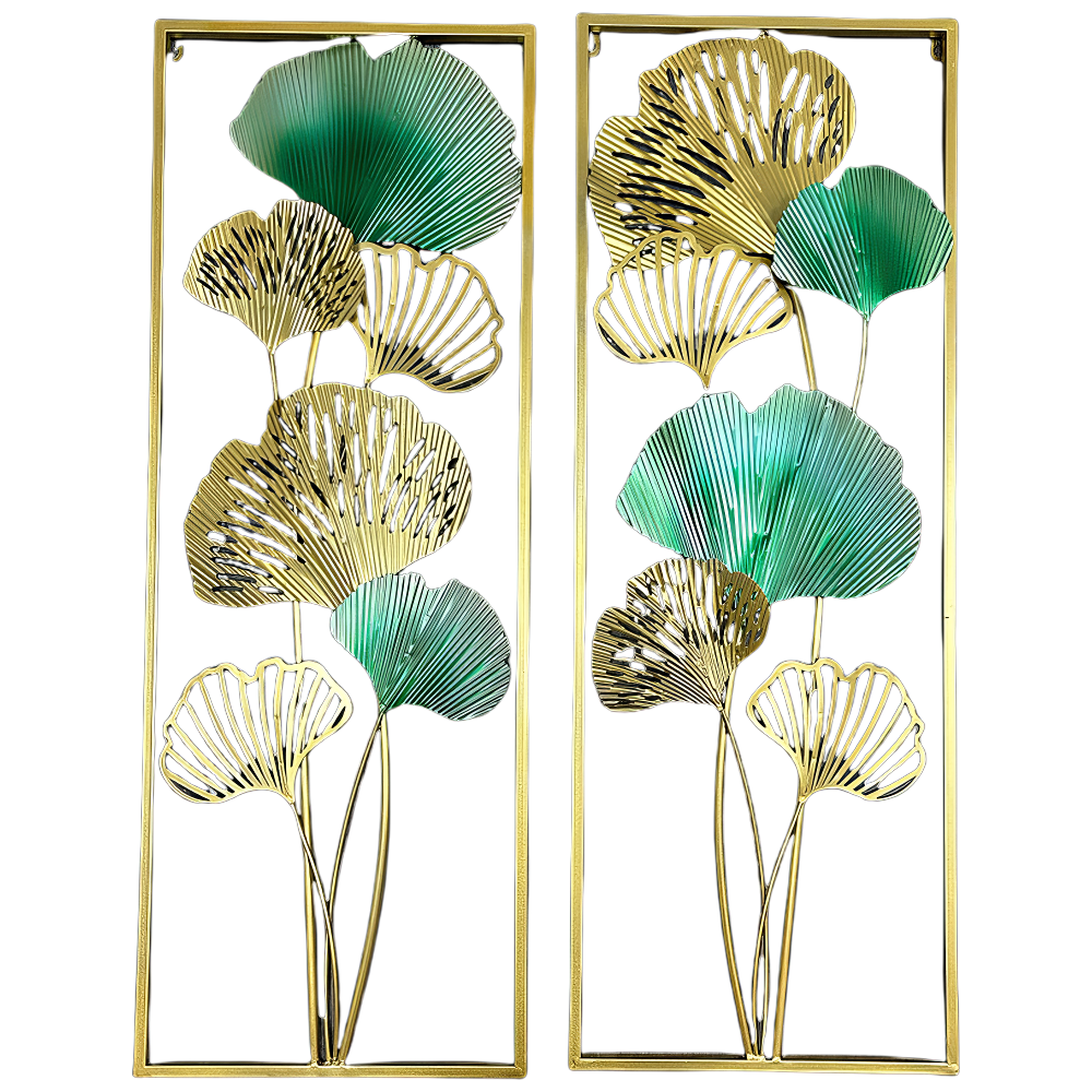 Set 2 Decoratiuni Metalice de Perete LuxCanva® TwinGinkgo A0822, din Metal, Verticale, Auriu, Verde, Dimensiune Mare 85 × 31 cm