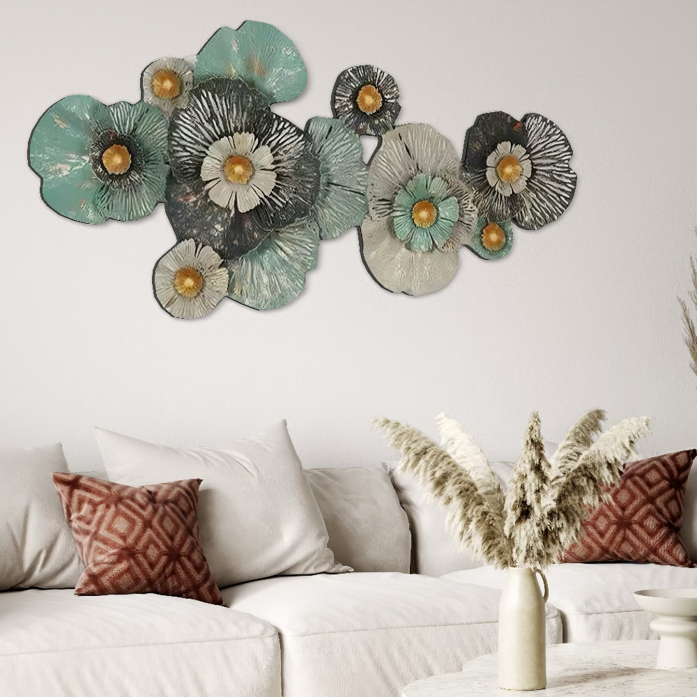 Decoratiune Metalica de Perete LuxCanva® FloraHarmony A0662, din Metal, Orizontala, Auriu, Alb, Negru, Verde, Dimensiune Mare 159 × 74 x 11 cm