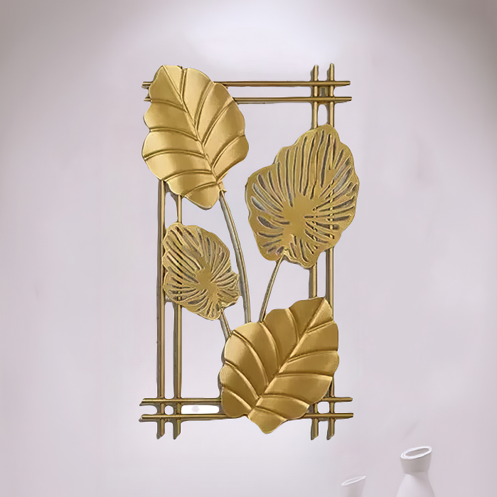 Decoratiune Metalica de Perete LuxCanva® 4Leafs Frame A2931, din Metal, Verticala, Auriu, Dimensiune Mare 30 × 45 × 2 cm