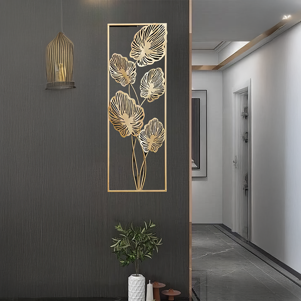 Decoratiune Metalica de Perete LuxCanva® Golden Leafs Contour A2923L, din Metal, Verticala, Auriu, Dimensiune Mare 30 × 85 × 3.5 cm