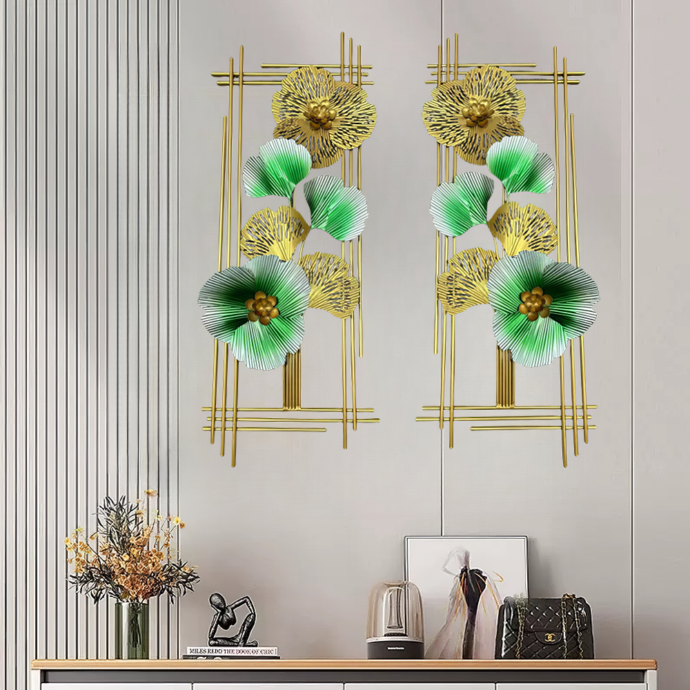 Decoratiune Metalica de Perete LuxCanva® Emerald Bloom A2001, din Metal, Verticala, Auriu, Verde, Dimensiune Mare 85 × 31 cm