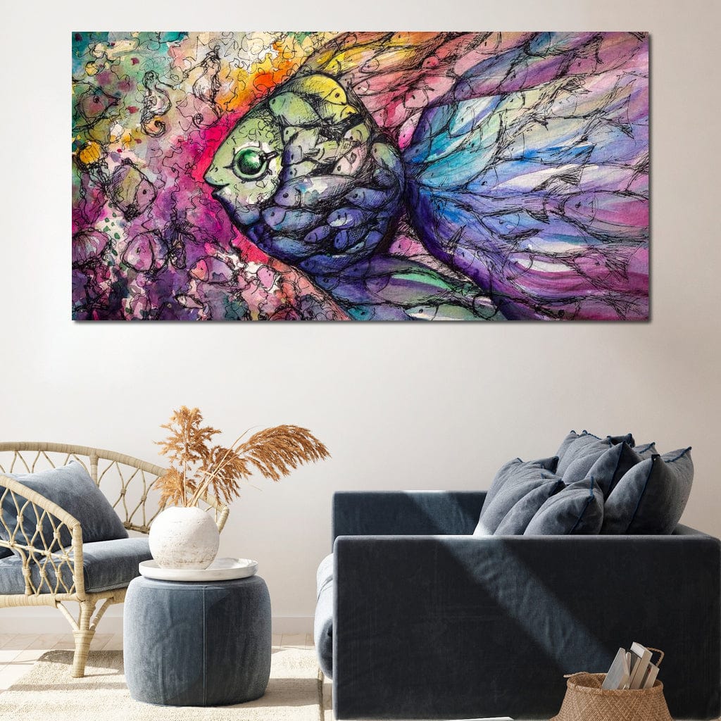 tablou canvas cu un peste format dintr-o multitudine de alti pesti multicolori, pe fundal abstract