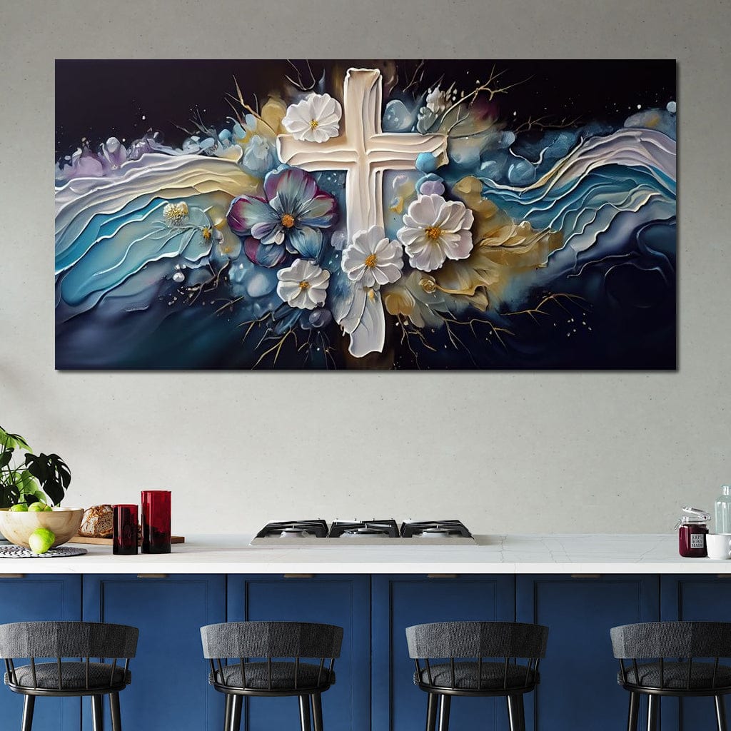 Tablou Canvas Premium LuxCanva® H1027 Credinta Prin Cruce Florala ,  Multicolor, Cruce, Flori, Divin, Liniste, Creatie, Credinta, Naturalete, Living