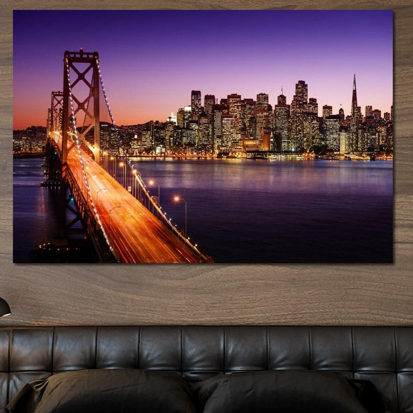 Tablou Canvas Premium, LuxCanva® O1002, San Francisco Skyline, Pod, Noapte, Oras, Lumini, Coasta, Vest, California, Vis, Urban, Apus, Violet, Iconic, Vacanta, Calatorie, Birou, Living, Dormitor