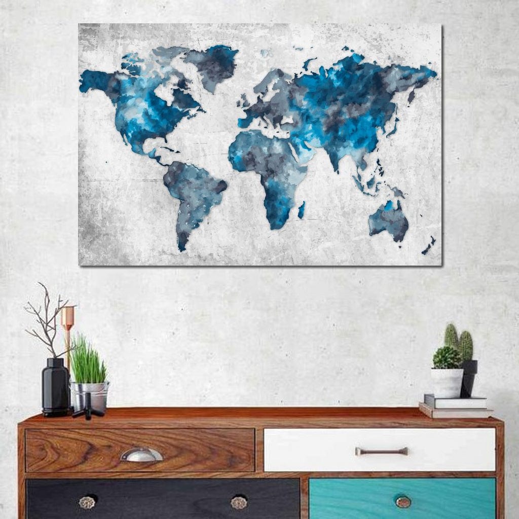 Tablou Canvas Premium, LuxCanva® L1001, Albastrul Lumii, Harta, Continente, Calatorie, Albastru, Gri, Colorat, Geografie, Decorativ, Arta, Modern, Acvatic, Oceanic