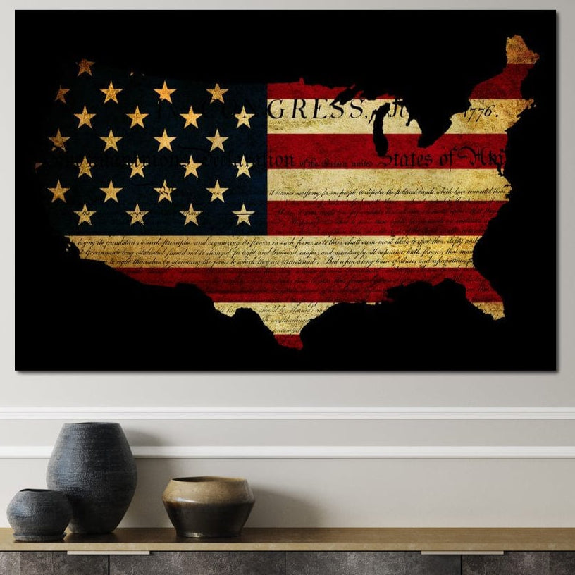 tablou canvas cu steagul si conturul Americii pe fundal negru