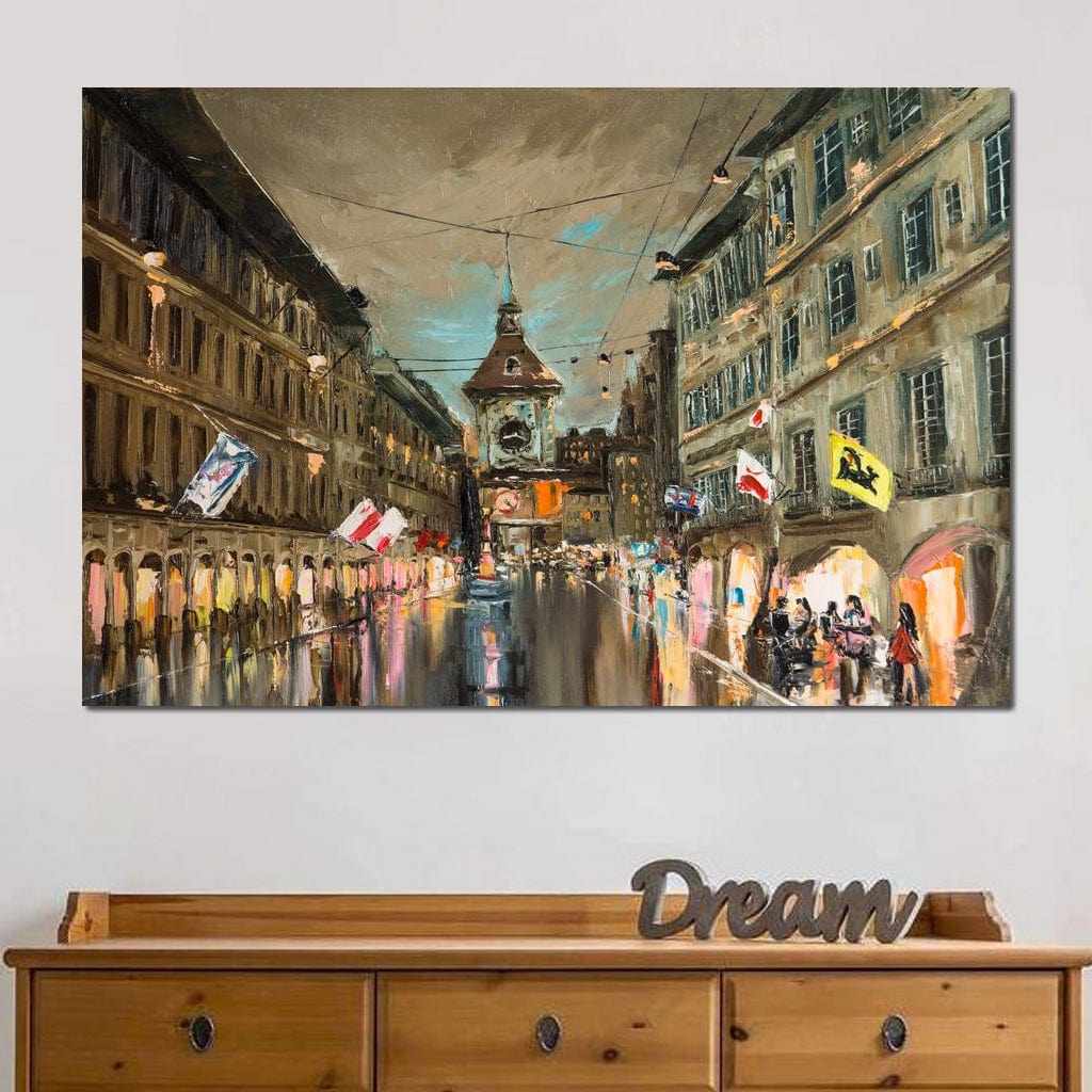Tablou Canvas Premium, LuxCanva® O1022, Un Ceas in Zare, Istoric, Romantic, Nostalgie, Clasic, Melancolic, Noapte, European, Atmosferic, Ceas, Oras, Vechi, Ploaie, Piata, Turn, Birou, Living,