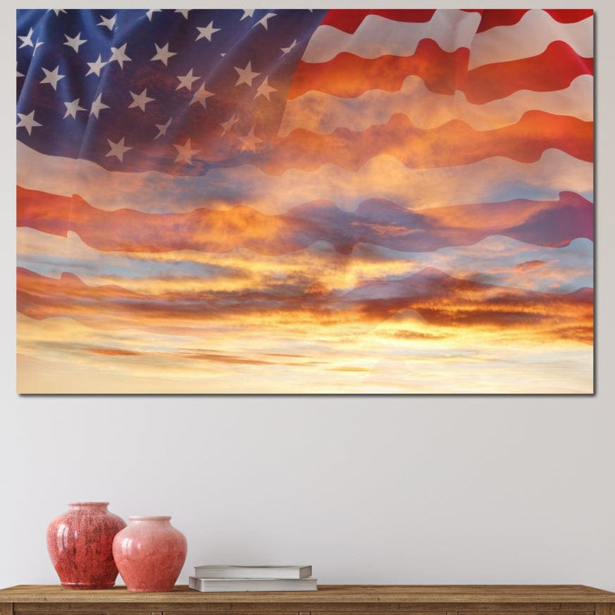 tablou canvas cu steagul Americii pe fundal cu apus de Soare