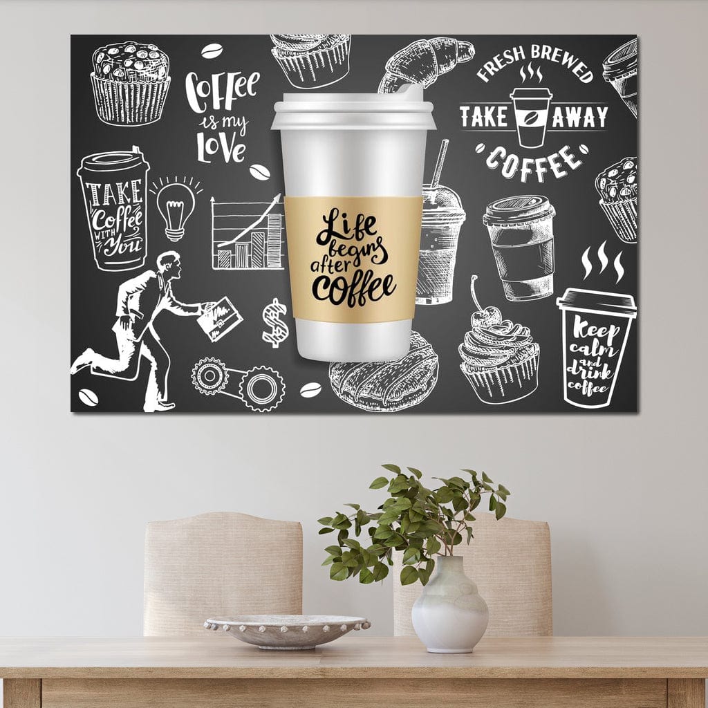 tablou canvas cu o cafea intr-un ambalaj "to-go" pe fundal negru cu diverse desene marcate cu alb
