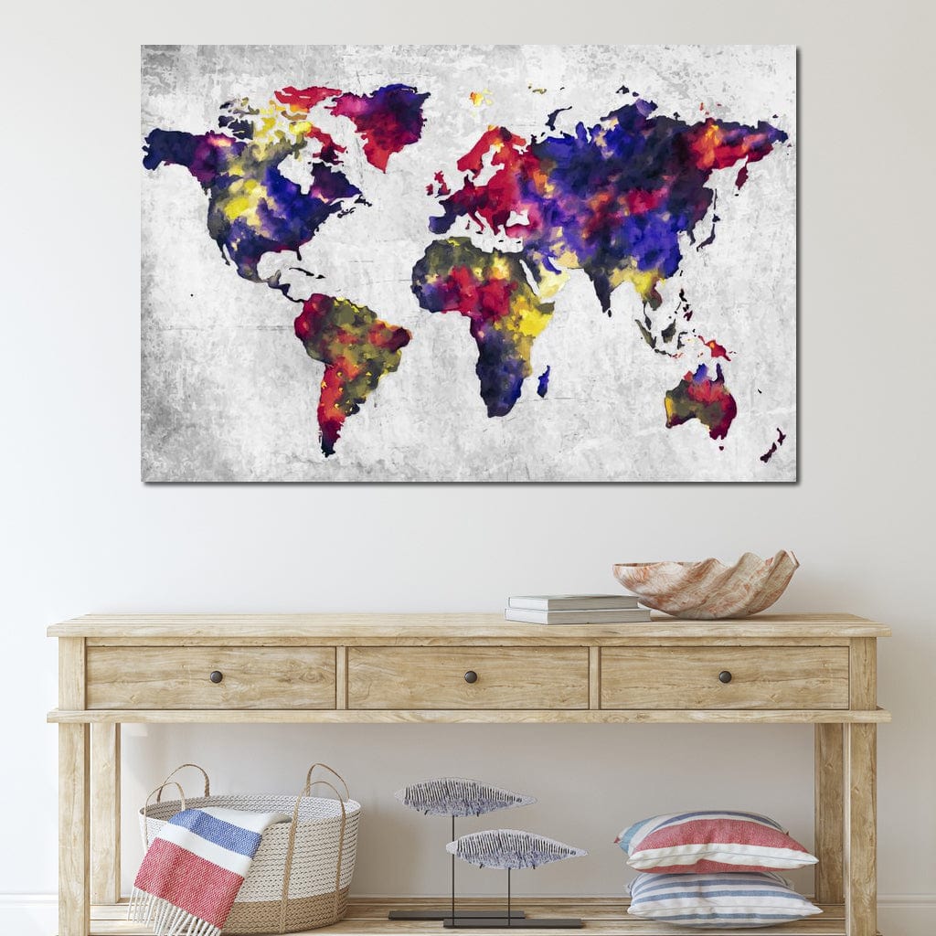 tablou canvas cu harta lumii in paleta de culori stil acuarela