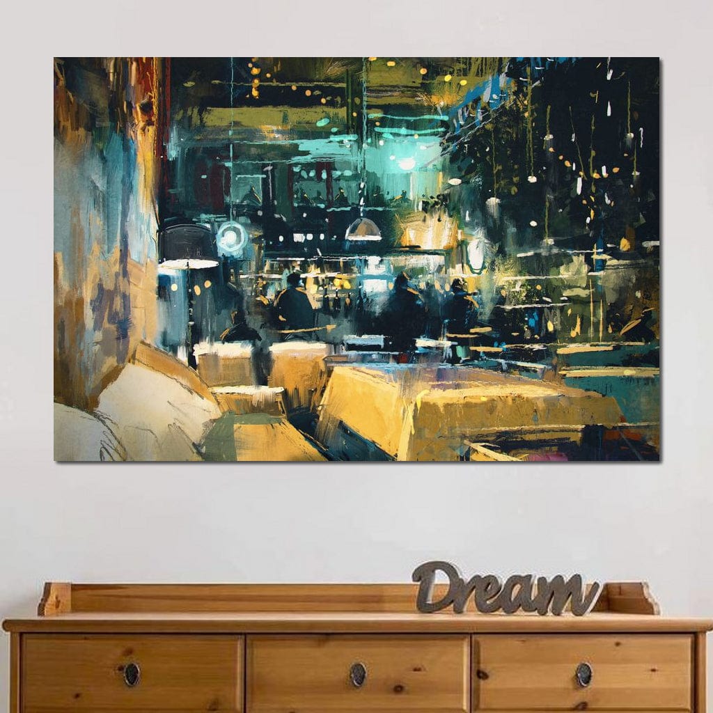 tablou canvas cu interiorul unui restaurant luminat spectaculos pe timp de noapte, pictat in nuante calde si reci