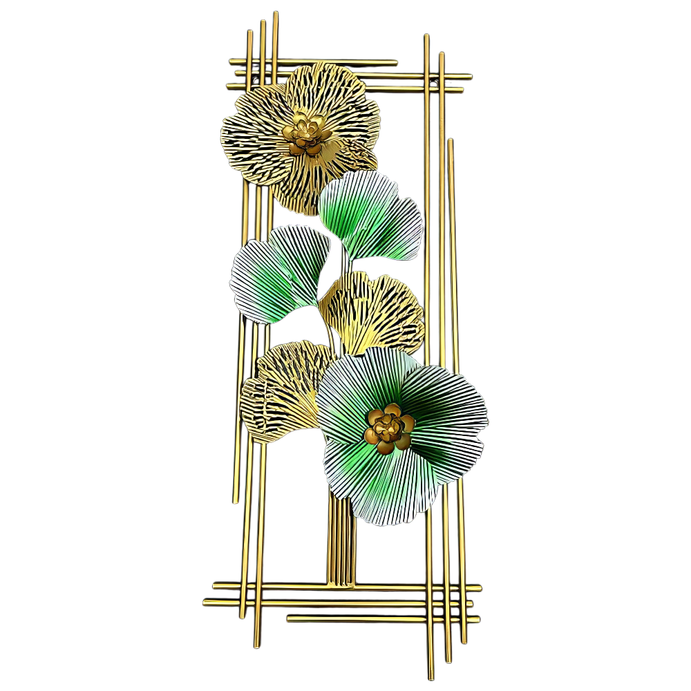 Decoratiune Metalica de Perete LuxCanva® Emerald Bloom A2001, din Metal, Verticala, Auriu, Verde, Dimensiune Mare 85 × 31 cm