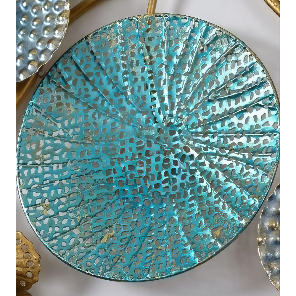 Decoratiune Metalica de Perete LuxCanva® Ocean Harmony A2136L, din Metal, Orizontala, Auriu, Turcoaz, Gri, Dimensiune Mare 157 x 57 cm