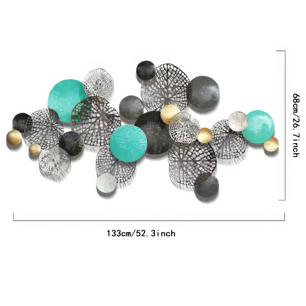 Decoratiune Metalica de Perete LuxCanva® Circle Wall Art A2027, din Metal, Orizontal, Turquoise, Gold, Silver, Dimensiune Mare 133 x 68 cm