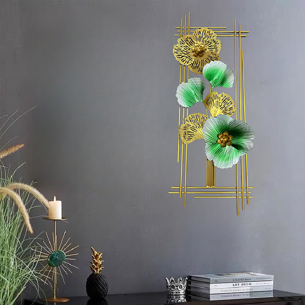 Decoratiune Metalica de Perete LuxCanva® Emerald Bloom A2001, din Metal, Verticala, Auriu, Verde, Dimensiune Mare 85 × 31 cm