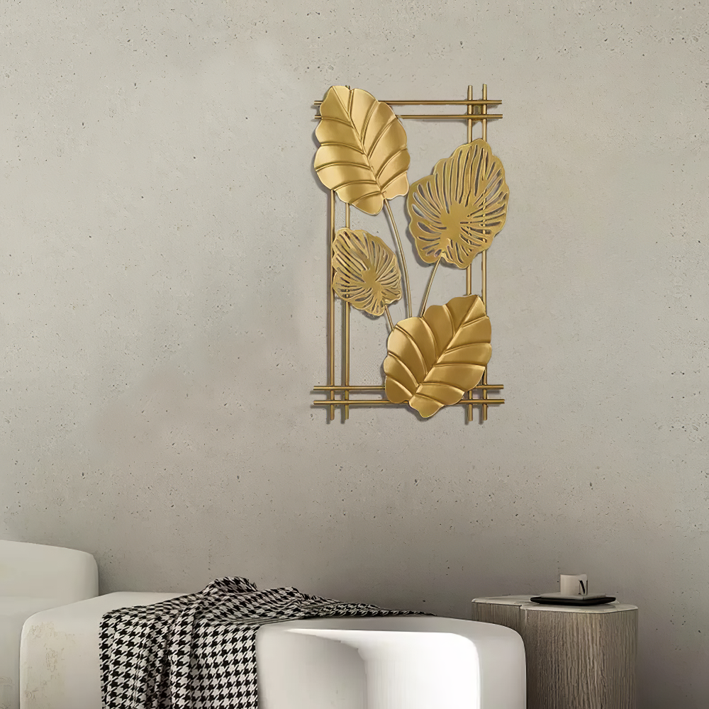 Decoratiune Metalica de Perete LuxCanva® 4Leafs Frame A2931, din Metal, Verticala, Auriu, Dimensiune Mare 30 × 45 × 2 cm
