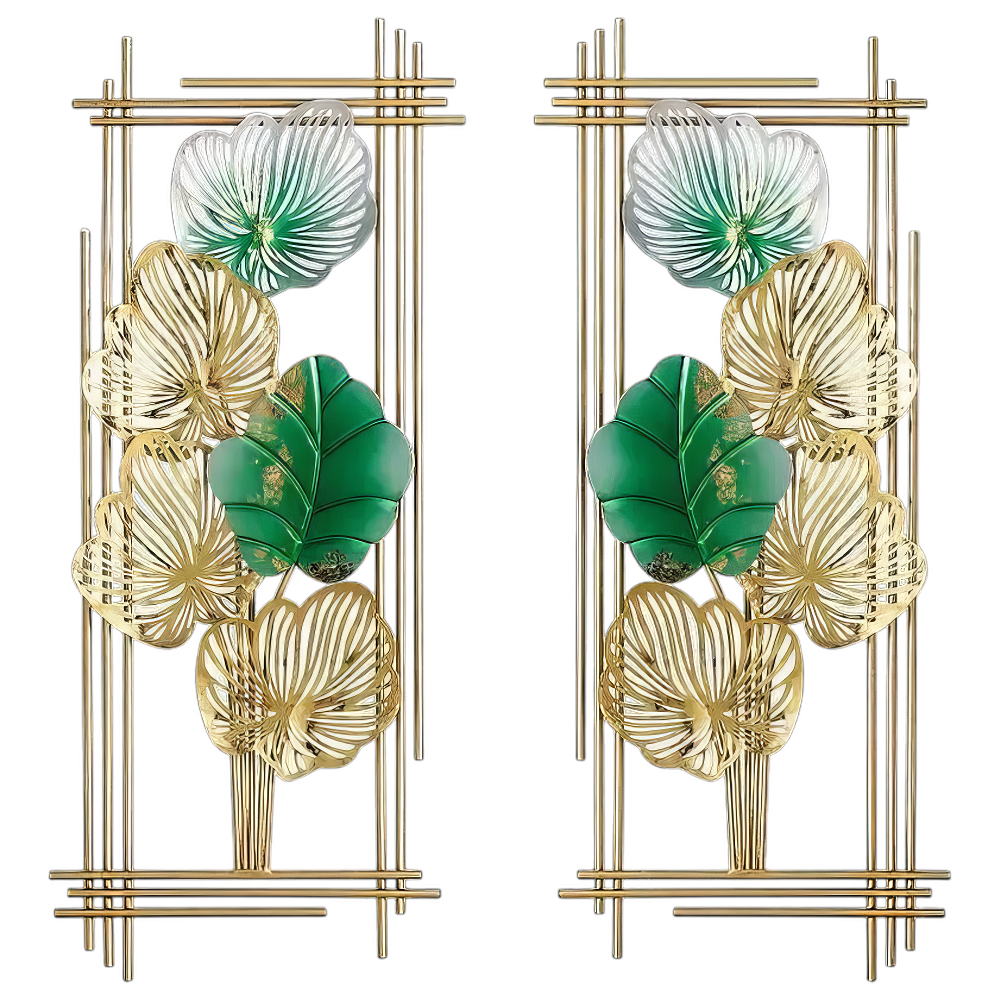 Set 2 Decoratiuni Metalice de Perete LuxCanva® Emerald Leaf Frame A2004, din Metal, Verticale, Auriu, Verde, Dimensiune Mare 37 × 86 × 3.5 cm