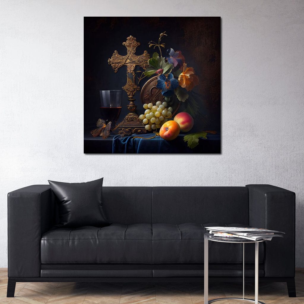 Tablou Canvas Premium LuxCanva® H1030 Natura Statica Sacra , Simboluri, Cruce, Rod, Pamant, Fructe, Vin, Sacru, Lumina, Umbra, Living, Dormitor