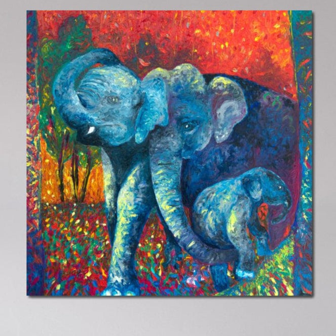 Tablou Canvas Premium, LuxCanva® M1309, Povesti din Jungla , Multicolor, Expresionism, Elefanti, Natura, Jungla, Tropical, Savana, Caldura, Contrast, Birou, Living, Camera Copil