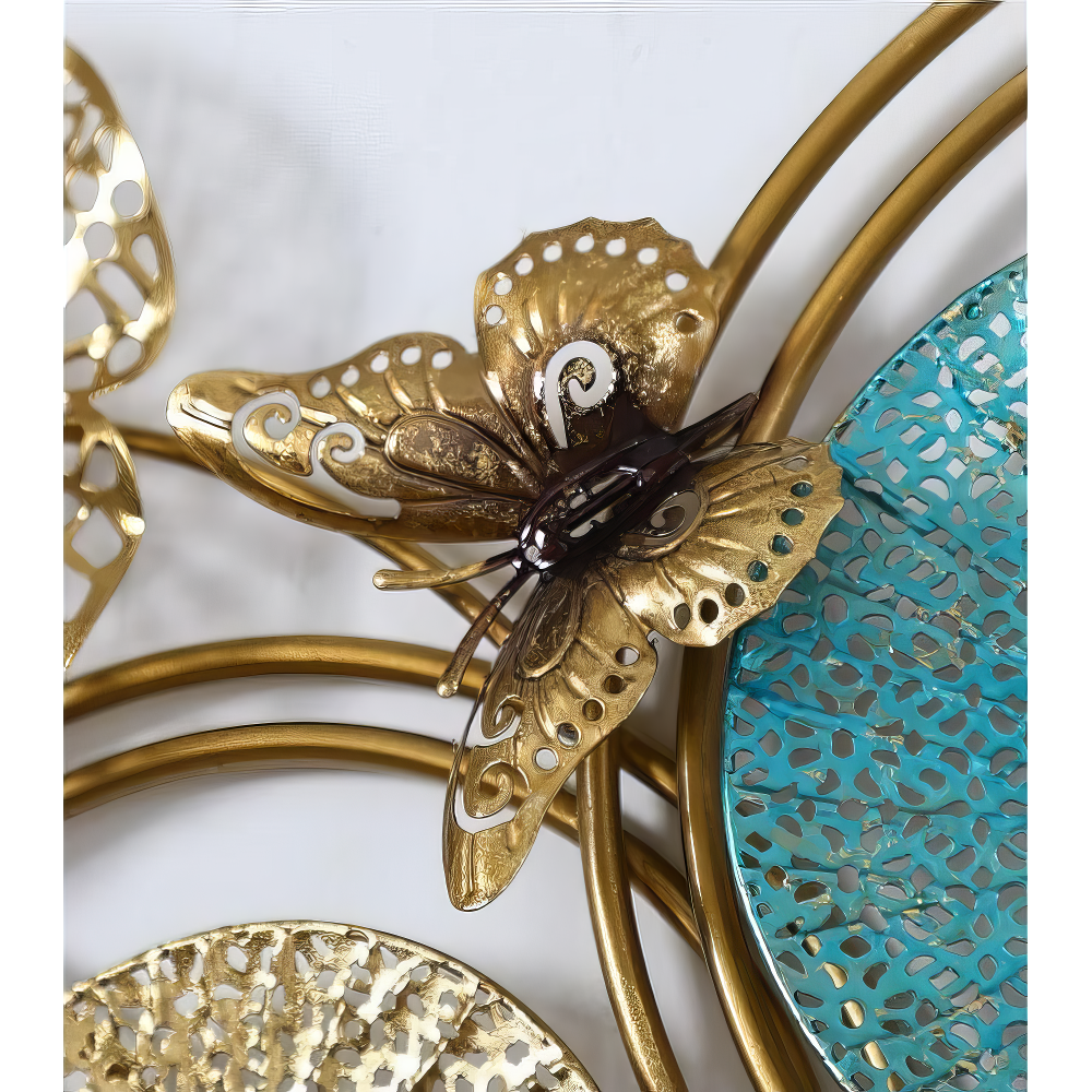 Decoratiune Metalica de Perete LuxCanva® Ocean Harmony A2136L, din Metal, Orizontala, Auriu, Turcoaz, Gri, Dimensiune Mare 157 x 57 cm