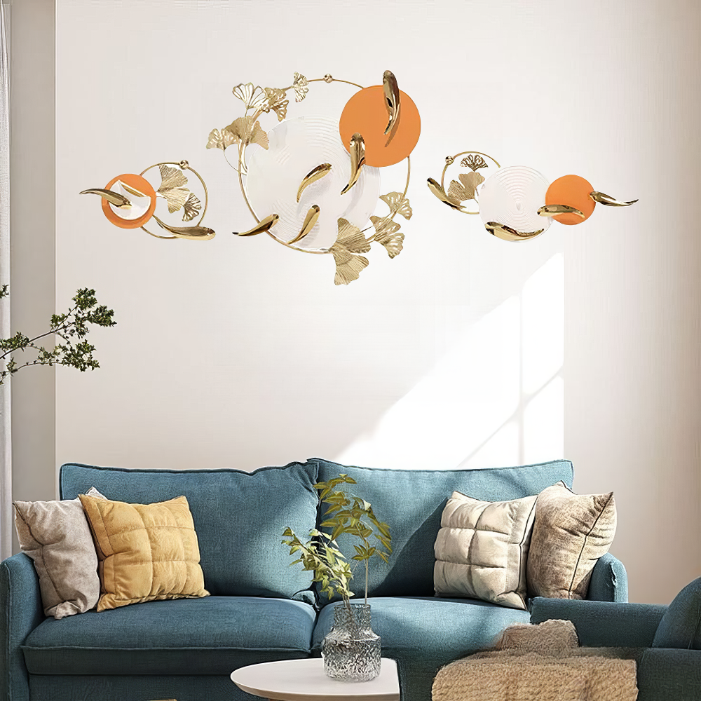 Decoratiune Metalica de Perete LuxCanva® Sun Aura A2556, din Metal, Orizontala, Alb, Auriu si Portocaliu, Dimensiune Mare 200 x 65 cm