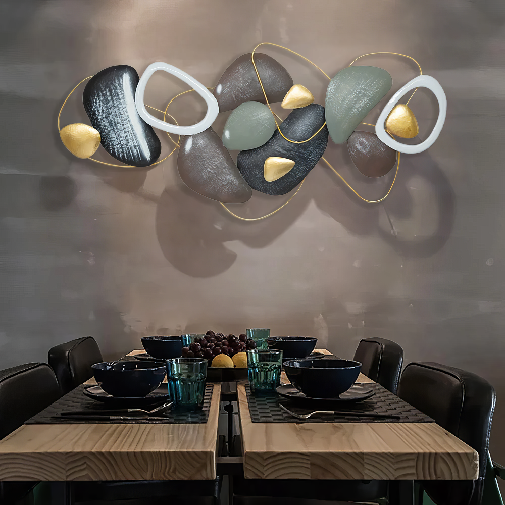 Decoratiune Metalica de Perete LuxCanva® Stone Harmony A2028, din Metal, Orizontal, Negru, Gri, Alb, Auriu, Dimensiune Mare 135 x 64 cm