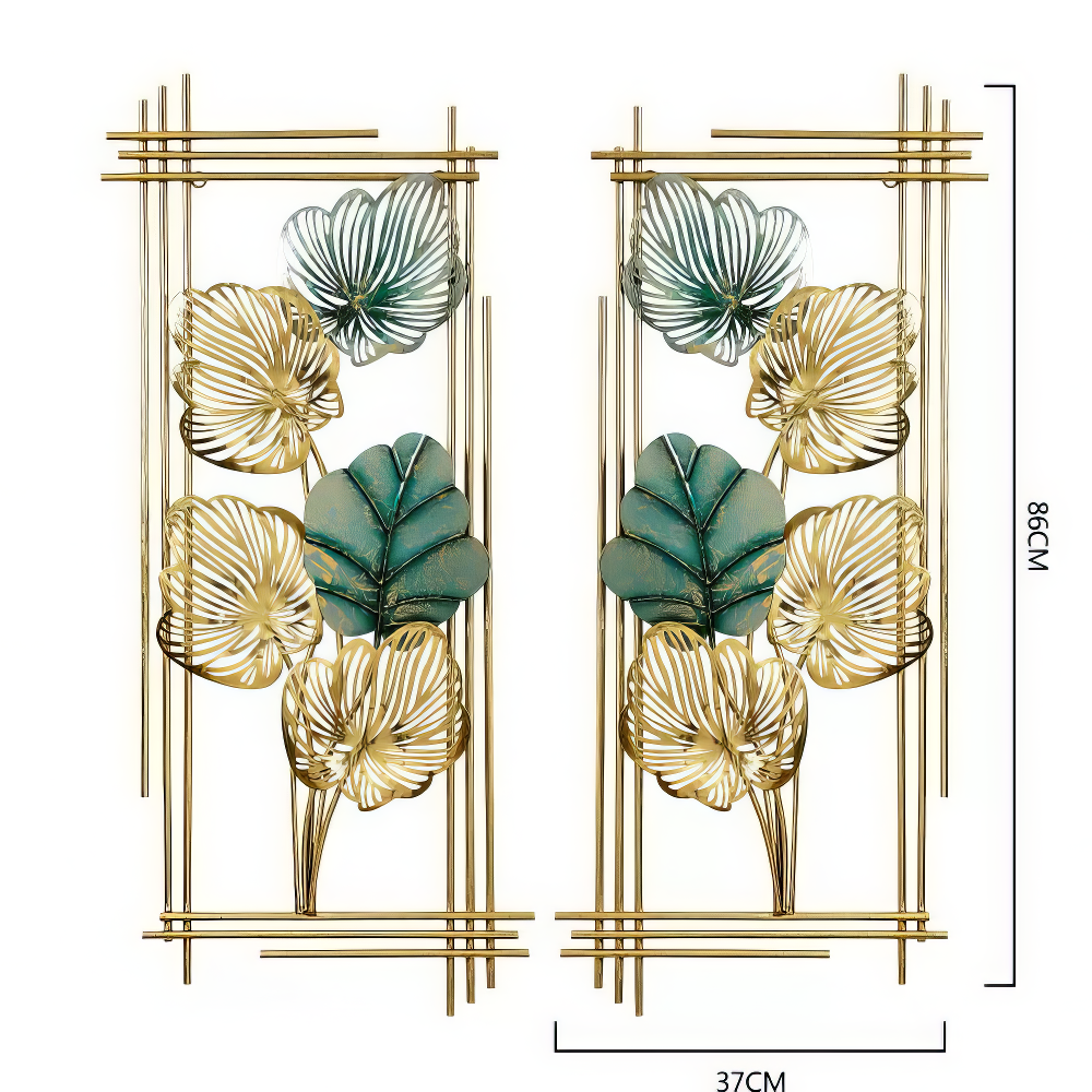 Set 2 Decoratiuni Metalice de Perete LuxCanva® Emerald Leaf Frame A2004, din Metal, Verticale, Auriu, Verde, Dimensiune Mare 37 × 86 × 3.5 cm