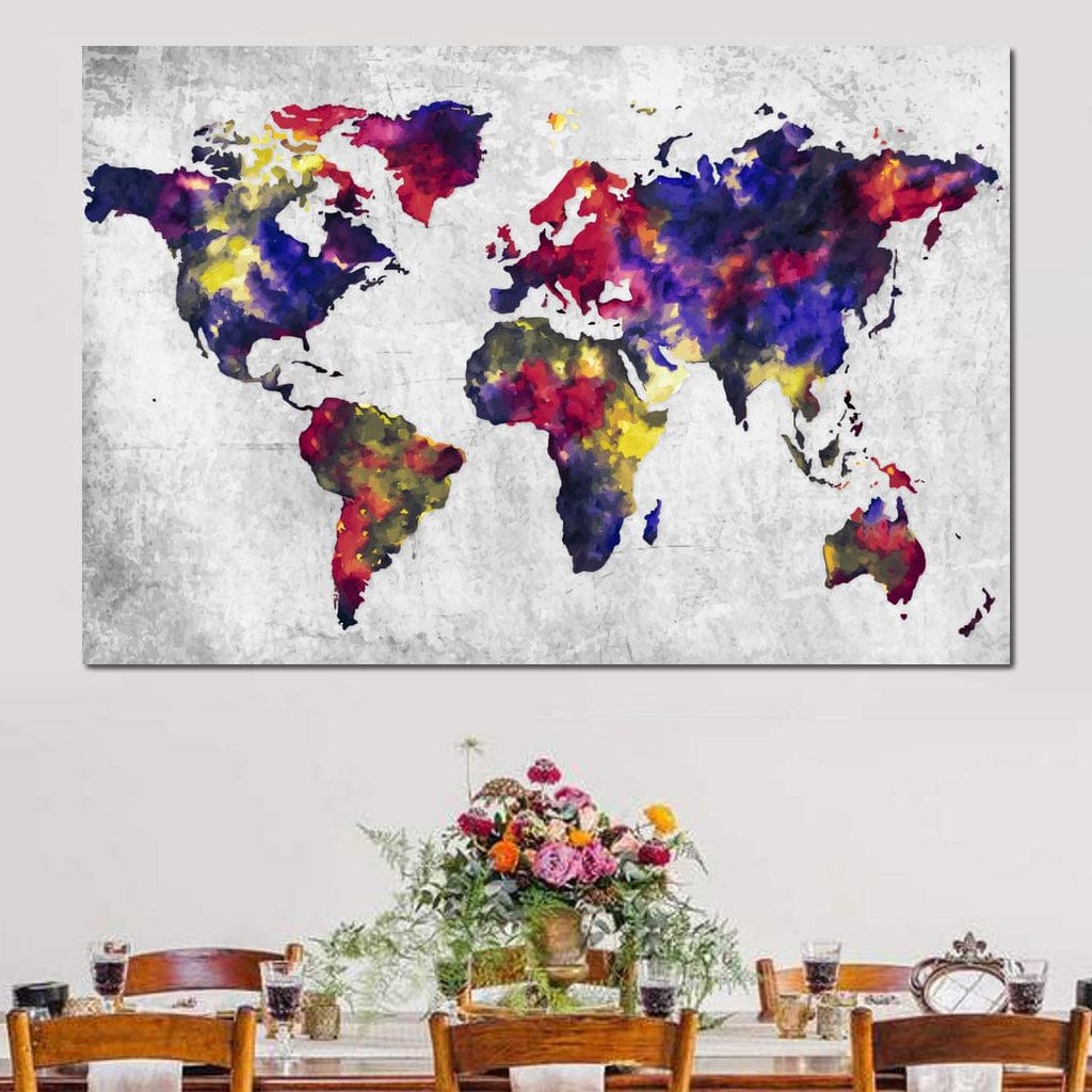 tablou canvas cu harta lumii in paleta de culori stil acuarela