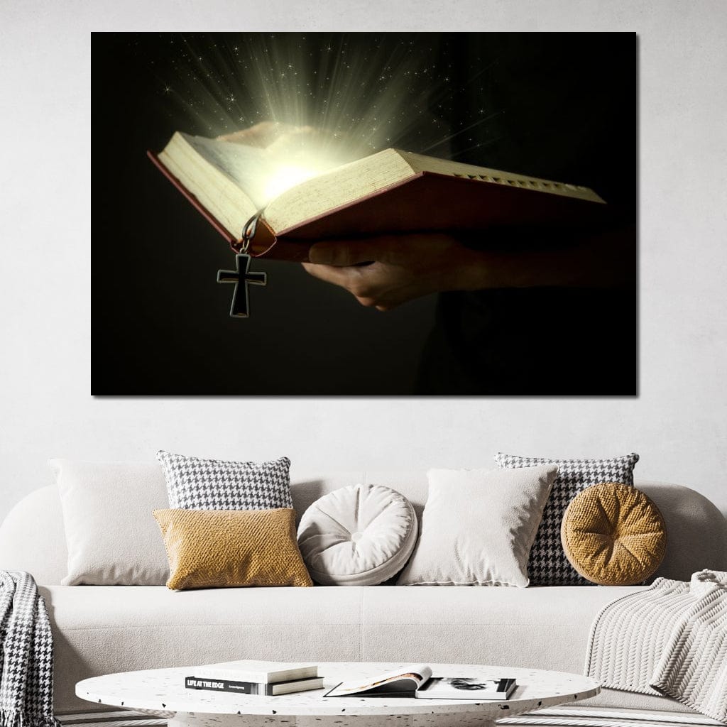 Tablou Canvas Premium LuxCanva® H1009, Biblia si Lumina Sfanta , Biblie, Lumina, Cruce, Adevar, Sacru, Salvare, Suflet, Divin, Living, Dormitor
