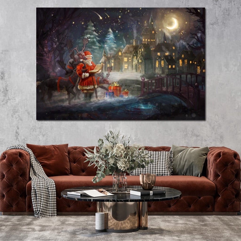 Tablou Canvas Premium LuxCanva® D1003, Lista lui Mos Craciun , Daruri, Reni, Munti, Alb, Ajun, Sanie, Camera copii, Dormitor