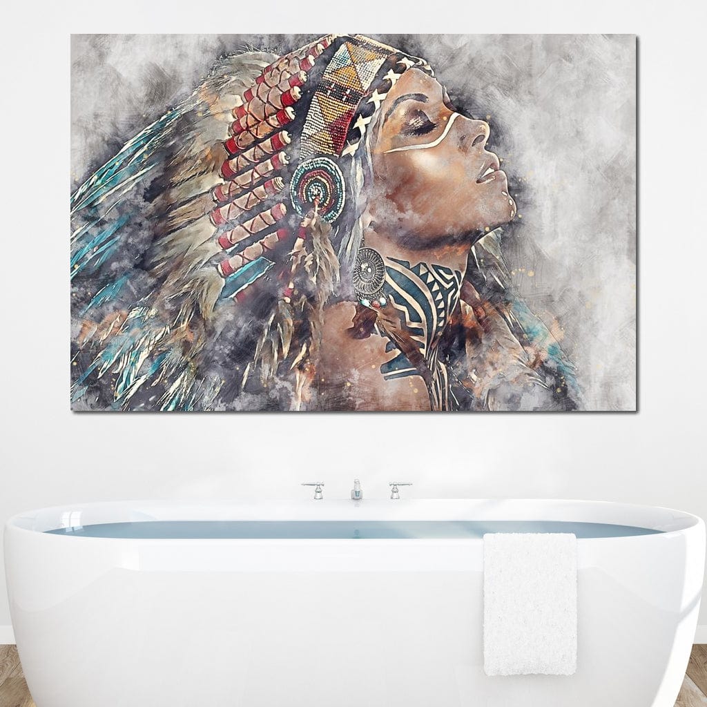 Tablou Canvas Premium LuxCanva® G1006, Suflet de Razboinica , Forta, Curaj, Tribal, Misticism, Pene, Salbatica, Femeie, Living, Dormitor, Culori vibrante
