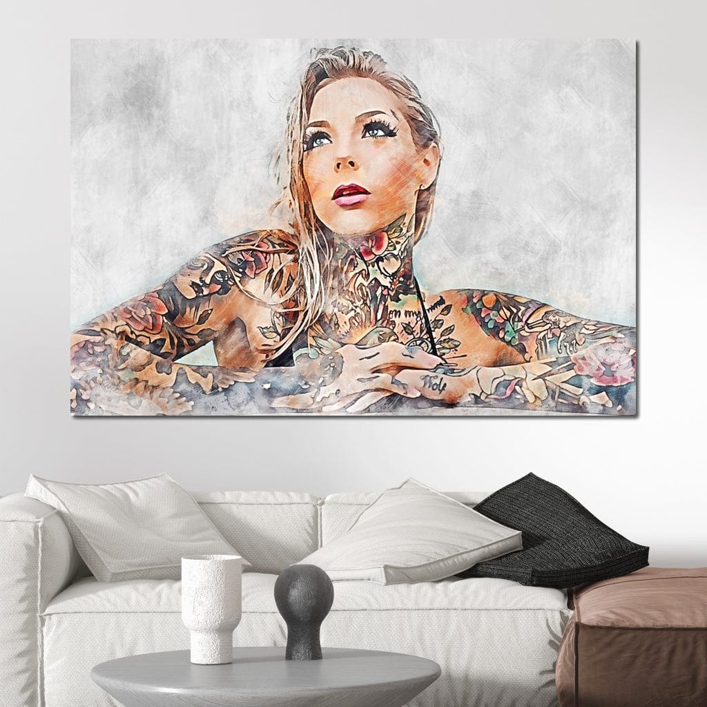 Tablou Canvas Premium, LuxCanva® G1097, Femeia cu Tatuaj, Pictura, Arta, Piele, Rebela, Cerneala, Artist, Interzis, Tatuator, Living, Dormitor
