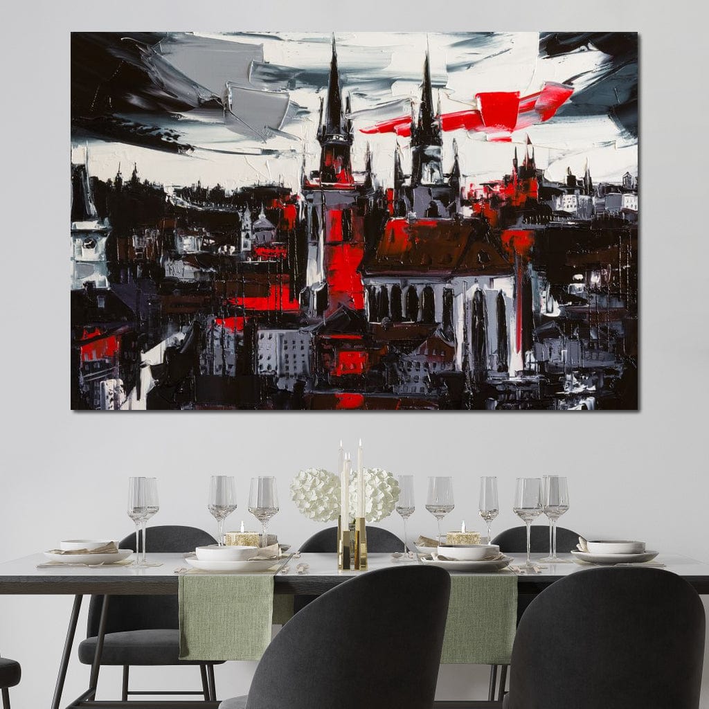 Tablou Canvas Premium, LuxCanva® O1013, Orasul Gotic, Medieval, Flacari, Negru, Rosu, Gri, Turle, Urban, Ziduri, Vechi, Umbre, Catedrala, Piatra, Contrast, Dramatic, Atmosfera, Birou, Living, Dormitor
