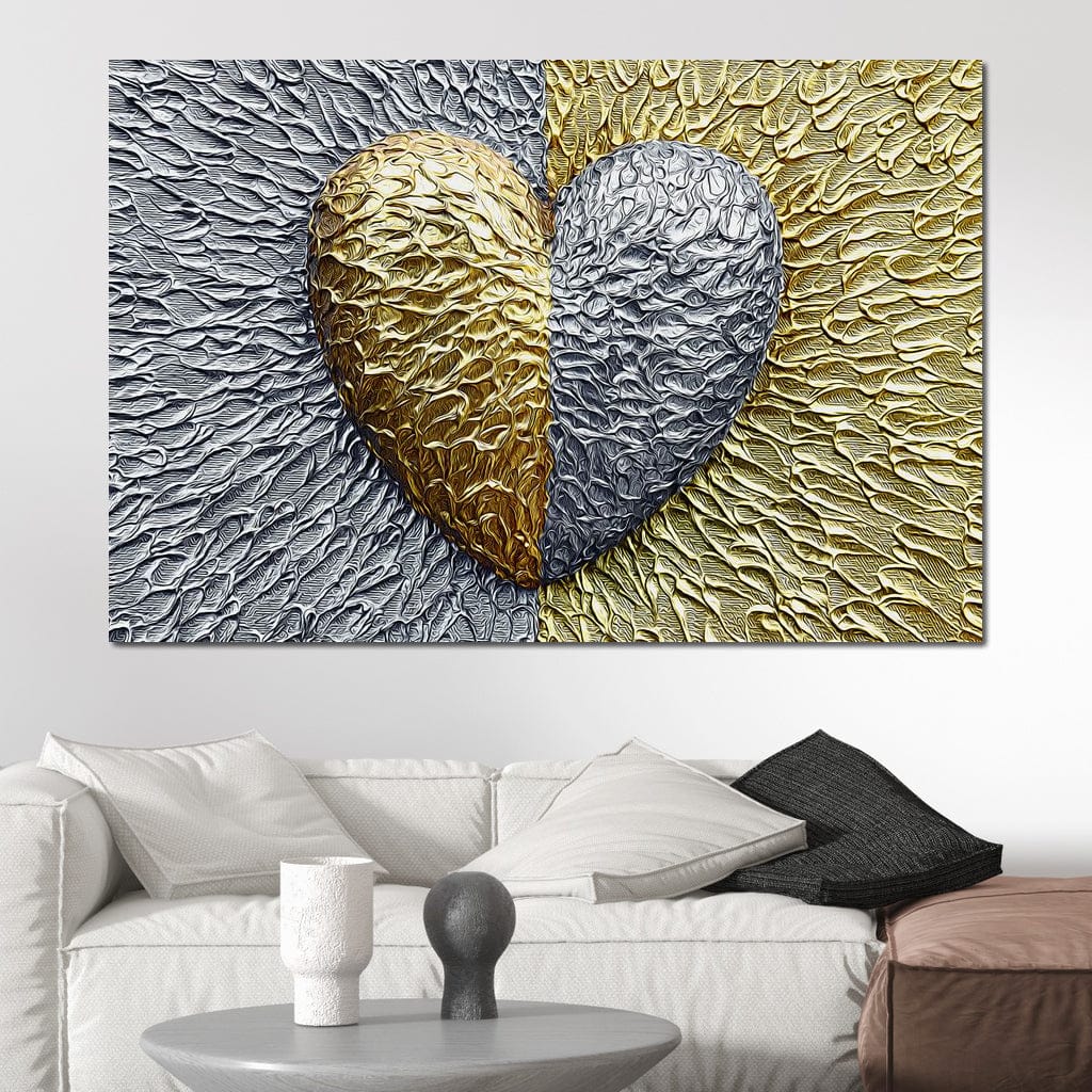 Tablou Canvas Premium LuxCanva® E1053, Inima Dualitatii, Aur, Argint, Stralucire, Textura, Simbolism, Living Room, Culori vibrante