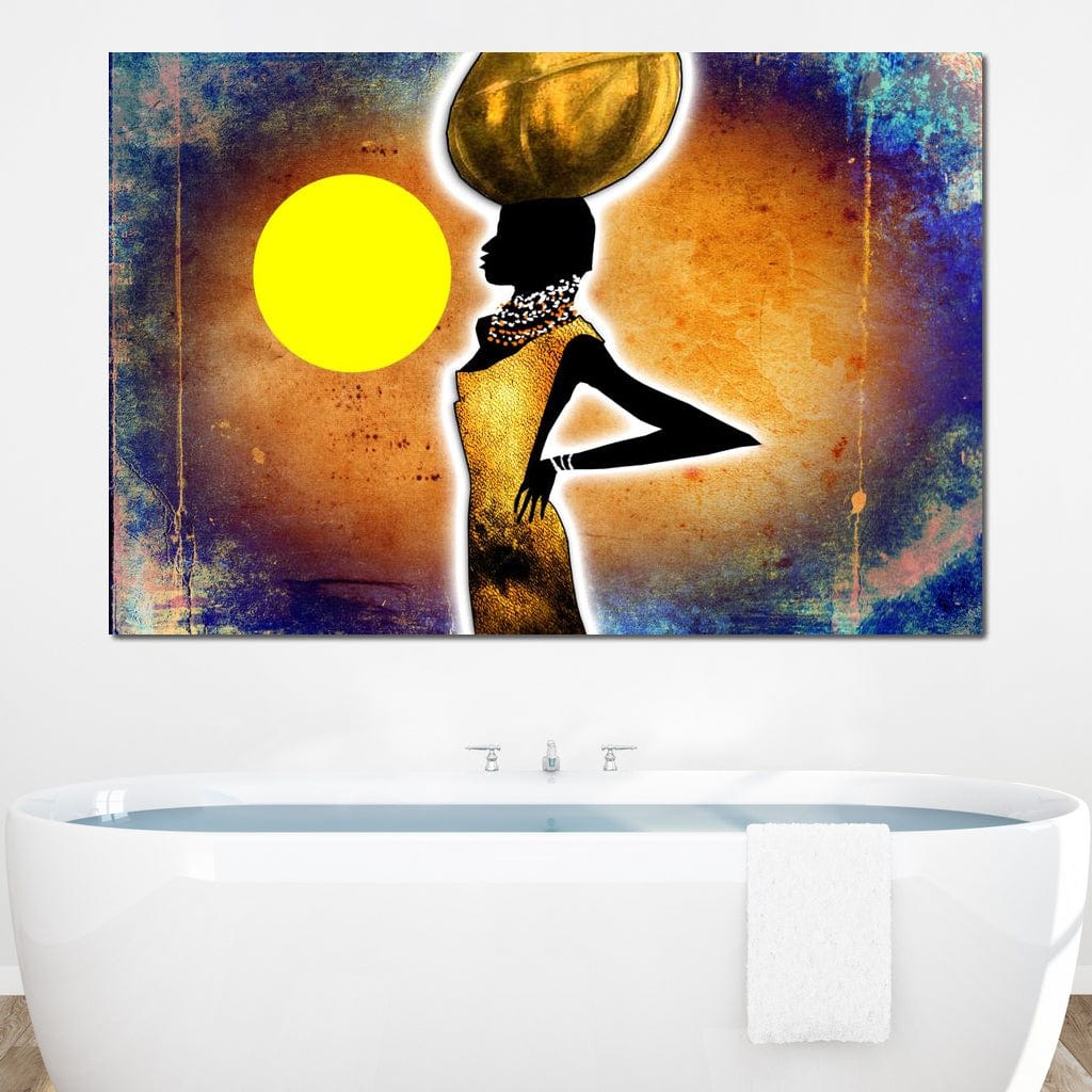 Tablou Canvas Premium LuxCanva® GL1071, Femeia Solara , Soare, Galben, Bijuterii, Apus, Aur, Silueta, Gratie, Trib, Colier, Traditie, Living, Dormitor