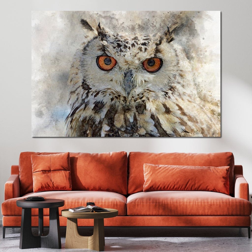 tablou canvas cu o bufnita alba cu ochi portocalii pe fundal in tonuri deschise